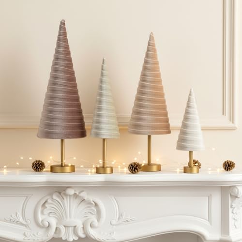 Hoolerry 4 Pcs Christmas Velvet Trees with Gold Pedestal, Nude Tone - color: Nude Tone