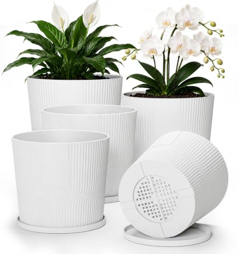 5 Pack Plant Pots Indoor,4.8+5.5+6+6.5+7 Inch Flower pots,Mini Planters with Saucers & Drainage Bulk,Plastic Small Pots for Violets,Succulents,Herbs,and Other Plants, Room and Office Decoration - color: White, size: 4.8''+5.5''+6''+6.5''+7''