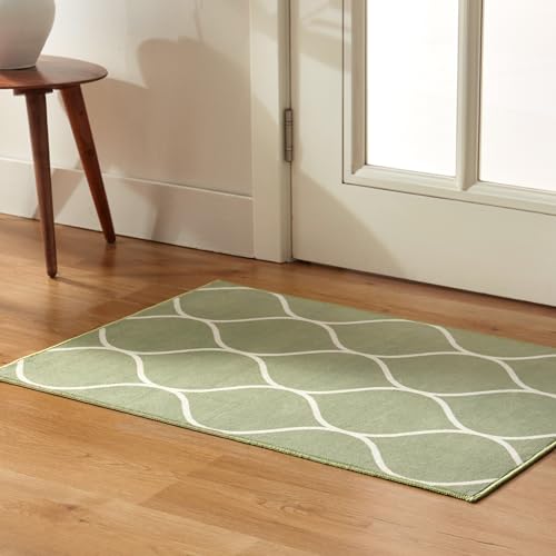 Amazon Basics Thin Indoor Area Rug, Geometric Printed Washable Home Decor Carpet for Living Room Bedroom, 2' W × 3' L, Green Geometric - color: Green Geometric, size: 2' x 3' (Rectangular)