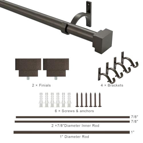 Single Curtain Rods for Windows 144 to 164 Inch(12-13.6ft),1 Inch Diameter Adjustable Heavy Duty Drapery Rods,with Modern Square Aluminum Alloy Finials,Antique Bronze - color: Antique Bronze, size: 144-164"