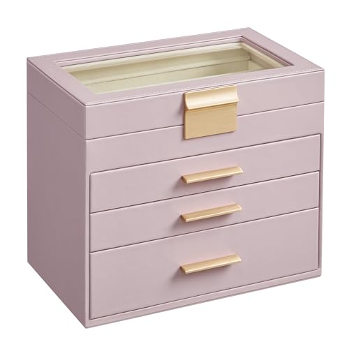 SONGMICS Jewelry Box Organizer, 4-Layer Storage with 3 Drawers, Glass Lid - color: Lavender Purple + Gold, size: 4 Layer (6"d X 9.9"w)