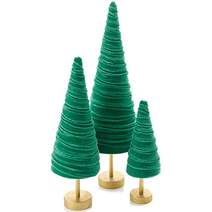 Green Pedestal Velvet Trees Set of 3, Elegant Mantel décor, Valentine Accent, Office Bookcase, Handcrafted Wedding Centerpiece, Cozy Entryway (Green) - color: Green