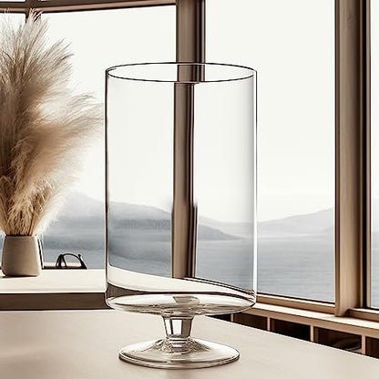 CYS EXCEL Glass Hurricane Pillar Candle Holder (H:13.5" W:8") | Multiple Size Choices Short Stem Candle Centerpieces | Stemmed Glass Cylinder Candle Vase - size: H-13.5" W-8"