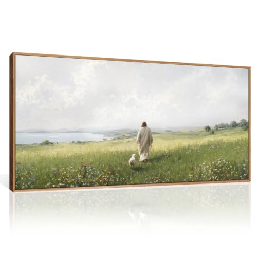 HLNIUC Jesus Lamb Framed Canvas Wall Art,Christian Wildflower Bible Horizontal Wall Decor,Vintage Religion Scripture Artwork(40x20),Large Nature Meadow Landscape Prints for Living Room,Bedroom,Office - color: Jesus Sheep, size: 40"L x 20"W