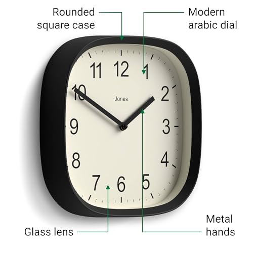 JONES CLOCKS® Sprite wall Clock | Modern Square Clock | 10" | Black - color: Black