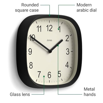 JONES CLOCKS® Sprite wall Clock | Modern Square Clock | 10" | Black - color: Black