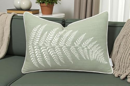 Rudransha Botanical Fern Leaf Embroidery Lumbar Pillow Cover - 12x18 Light Green Cotton - color: Light Green-ferny, size: 18" x 12" (Pack of 1)