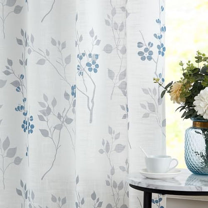 Beauoop Floral Linen Semi Sheer Curtains Living Room Blue Grey 50x84 2 Set - color: Rod Pocket | Blue and Grey, size: 50"W x 84"L (Pack of 2)