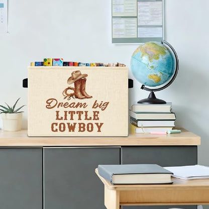 Western Cowboy Nursery Storage Bins Box with Handles, Dream Big Little Cowboy Southwestern Laundry Basket Hamper Collapsible Clothes Toys Organizer for Boys Kids Room Bathroom - color: Little Cowboy