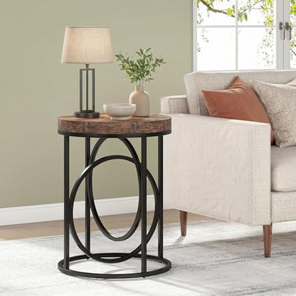 LITTLE TREE 20” Round End Table with Thick Wood Top，Modern Sofa Side Table with Gold O-Shaped Base, Midcentury Accent Table Cocktail Table Nightstand for Living Room Bedroom - color: Rustic Brown+black