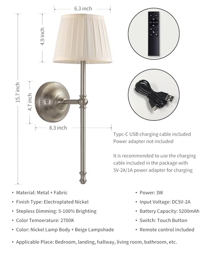 KDG Nickel Cordless Wall Sconces Set of 2, Beige Fabric LED Wall Lamp - color: Nickel + Beige Lampshde (2 Pack)