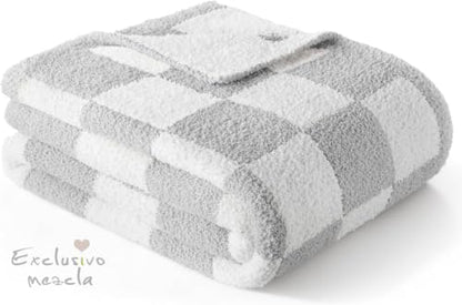 Exclusivo Mezcla Checkered Knit Blanket Twin Size for Bed, Light Grey - color: Light Grey, size: Twin (60"x80")