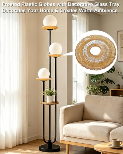 Lightdot 3-Globe Floor Lamp Dimmable with Green Glass Tray Black Floor Lamp - color: Amber-3U Black