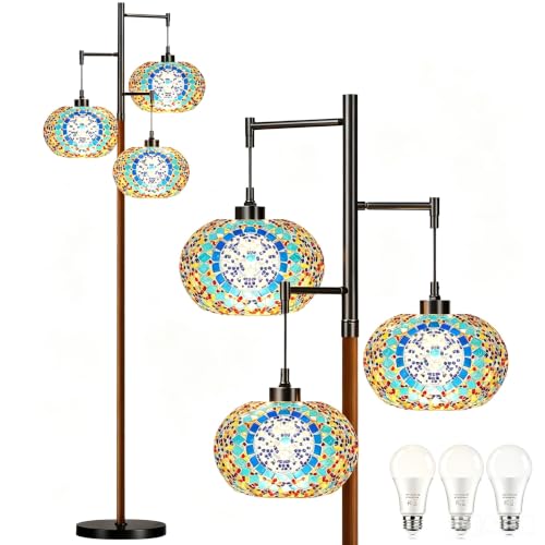 QIYIZM Turkish Floor Lamp for Living Room,Bedroom,Moroccan Mosaic Standing Lamp Stained Glass Lamps Black Mid Century Tall Lamps Unique Tree 3 Light Vintage Retro Wood Floor Lights Boho Tiffany Style - size: Floor Lamp--33