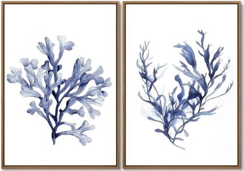 Watercolor Sea Coral Wall Art Set of 2 Navy Blue Corals Wall Decor, 16"x24" - color: Ocean Coral, size: 24"L x 16"W