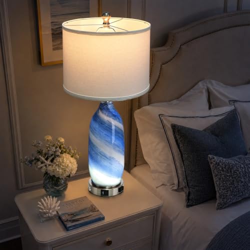 Rinweey 26" Grey-Blue Glass Table Lamps Set of 2,Coastal Lamps Nautical lamp with USB A+C Ports & AC Outlet,Bedside Lamps with 3-Way Dimmable-Night Light for Bedroom Living Room,Grey-Blue - color: Grey-Blue