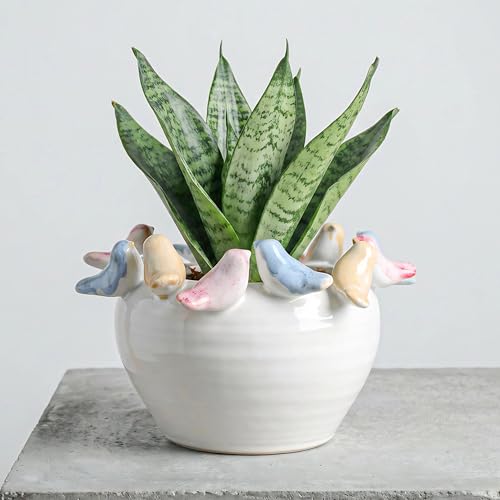 Stoneware Planter with Colorful Birds on Rim, Reactive Glaze Decorative