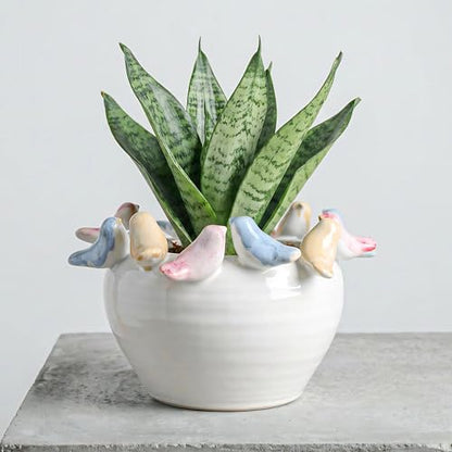 Stoneware Planter with Colorful Birds on Rim, Reactive Glaze Decorative