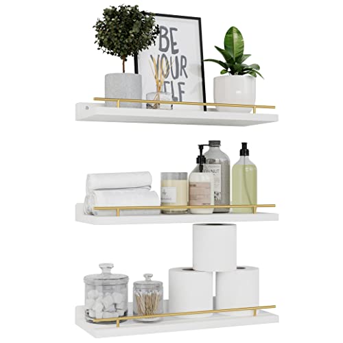 WOPITUES Floating Shelves for Wall Decor Set of 3, White and Gold - color: White and Gold, size: 15.7 inch