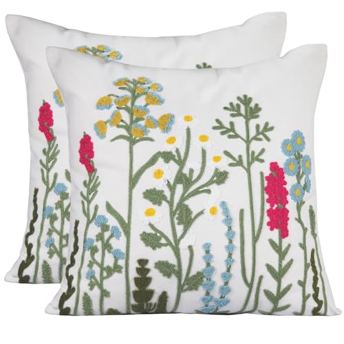 Blue Yellow Daisy Floral Embroidered Pillow Covers 20x20 Set of 2 - color: Blue Green Pink, size: 20" x 20" (Pack of 2)