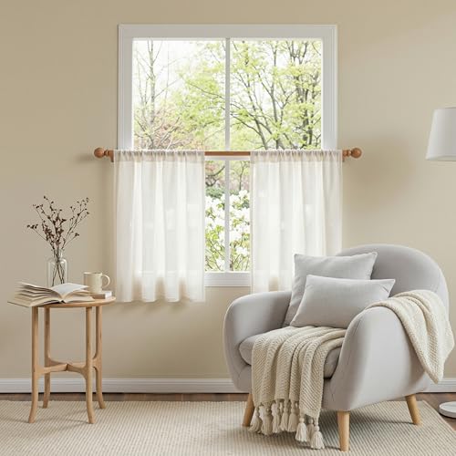MYSKY HOME Natural Curtains 30 Inch Long for Cafe, Semi Sheer Light Filtering Tiers Curtain Panels Rod Pocket Short Country Decor Drapes for Basement/Small Window, Beige White, 2 Panels, 34 x 30 Inch - color: Beige White, size: 34"W x 30"L (Pack of 2)