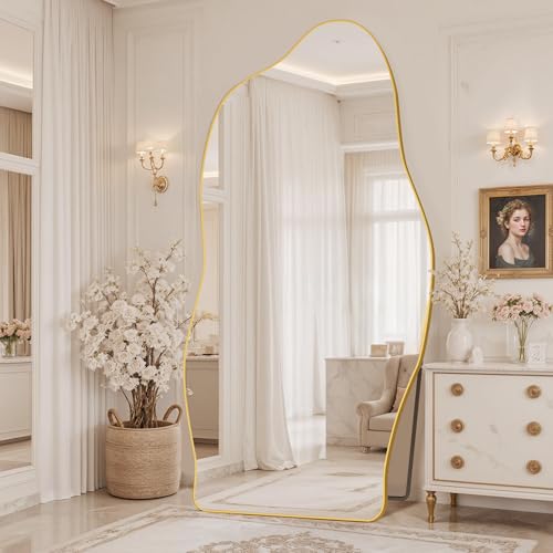 Antok Irregular Full Length Mirror, 81"x41" Asymmetrical Floor Mirror with Stand, Standing Hanging Leaning Irregular Mirrors for Bedroom Living Room Entryway, Cloud Shaped, Golden - color: Gold, size: 81"L x 41"W, style: Cloud Shaped Style