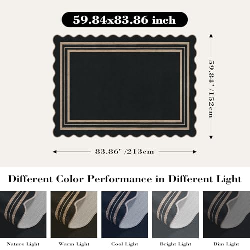 Scalloped 5x7 Rug for Living Room, Easy Jute Washable Outdoor Patio Carpet, Farmhouse Indoor Black Geometric Rug Neutral Non Slip Carpet for Living Room Backyard - color: Black Geometric, size: 5'x7' (Rectangular)
