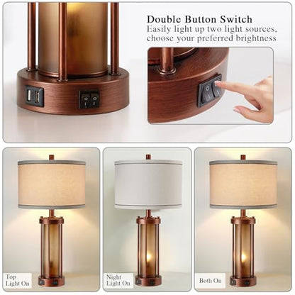 RORIA Set of 2 Farmhouse Table Lamps for Living Room with 2 USB Ports - color: Red Bronze