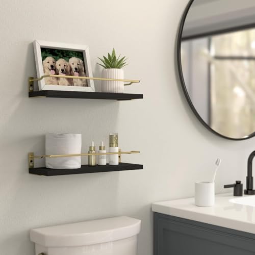 RICHER HOUSE Floating Shelves Bathroom, Small Wall Shelf Over Toilet 2 Set - color: Black & Gold