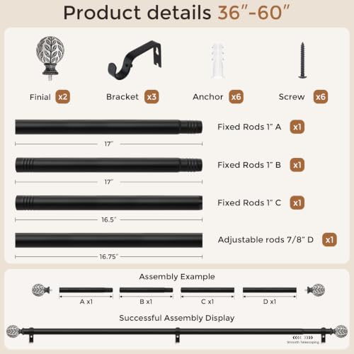 Curtain Rod 36-60 Inch, Boho Black 1 Inch Curtain Rods for Windows - color: Black, size: 36''-60'' (1 Pack)
