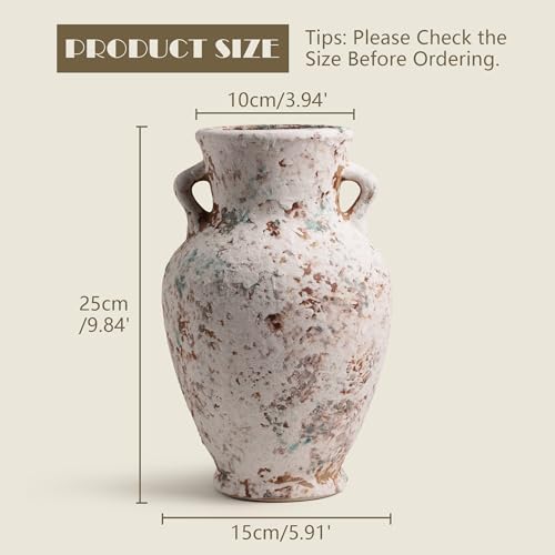 Sylve Ceramic Flower Vase Home Decor with Handles, 9.84 Inch Rustic Tall Vase, Handmade Textured Distressed Wabi Sabi Farmhouse Vintage Decor for Table Centerpiece Living Room