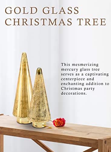 Serene Spaces Living Gold Glass Christmas Tree, Decorative Xmas Tree Sculpture, Holiday Decoration Figurine, Tabletop, Mantel Decor, Large, 7.5" Diameter & 25.5" Tall - size: Large