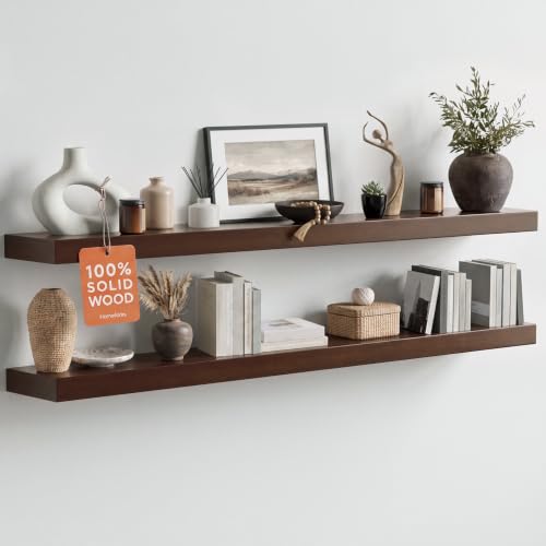 Homeforia 48 Inch Floating Shelves, High-End Solid Pine Wood, Set of 2 - color: American Walnut - Satin Dark Tone, size: 48 inch