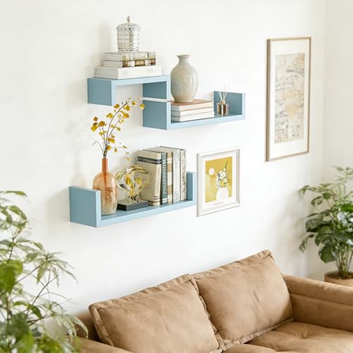 SRIWATANA Blue Floating Shelves, Set of 3 Wood Wall Mounted Display Shelf - color: Blue