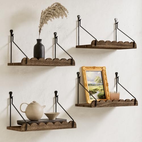 QsQueen Scalloped Floating Shelves for Wall, 4 Pack 11.8 inch Paulownia Wood Wall Shelves with Decorative Metal Rail, Rustic Display Shelf for Plants, Bathroom, Bedroom, Living Room & Home Decor - color: Brown