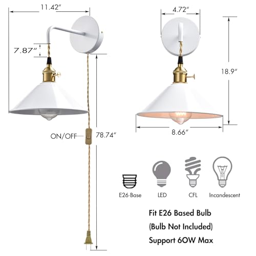 Hanging Height Adjustable Wall Sconce, Bright White 2-Pack - color: Plug in White*2Pcs