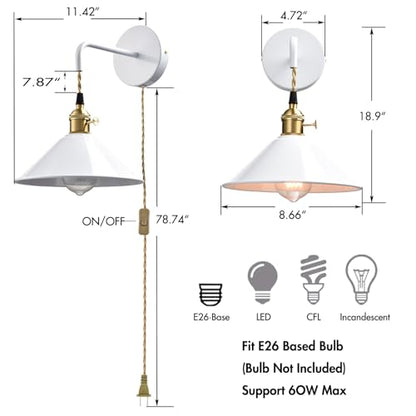 Hanging Height Adjustable Wall Sconce, Bright White 2-Pack - color: Plug in White*2Pcs