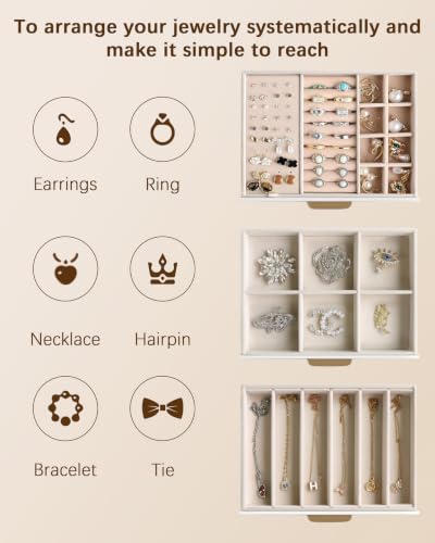 Homeanda Jewelry Boxes Organizer with Glass Lid, 3-Layer PU Leather, White - color: White, size: 3 Layer