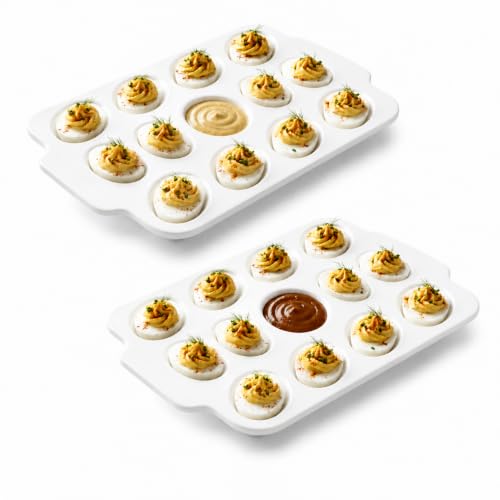 Ceramic Deviled Egg Tray 12 Slots + Sauce Center, 12 Inch for Easter Party
