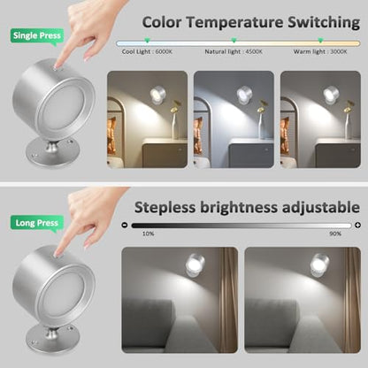 Racokky LED Wall Sconces 2 Pcs with Remote, Wall Lights 3000mAh Rechargeable Battery Operated, 3 Color Temperatures & Dimmable Wall Lamp Magnetic 360° Rotation Light for Bedroom Living Room(Silver) - color: Silver