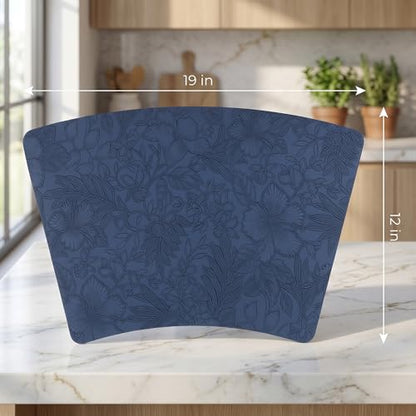 Faux Leather Set of 6, Placemats with Carving Floral Design - color: Dark Blue