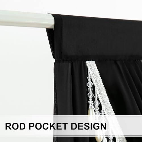 VOGOL Sheer Waterfall Valance with Beaded Tassels, 39 x 43, 1 Panel, Black - color: Black, size: 39"W x 43"L (Pack of 1)