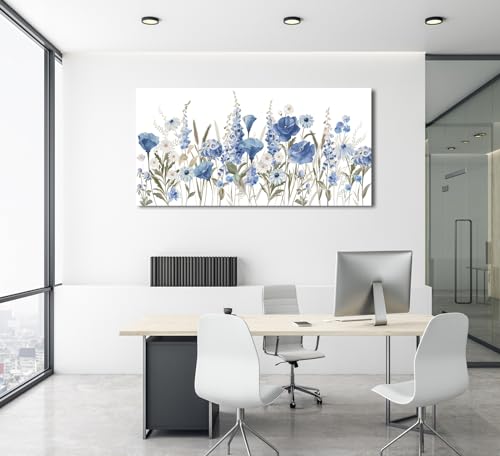 Elegant Blue White Flowers Wall Art Botanical Canvas Prints, 24"x48" - color: Blue White Botanical Flowers, size: 48"L x 24"W