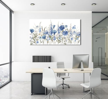 Elegant Blue White Flowers Wall Art Botanical Canvas Prints, 24"x48" - color: Blue White Botanical Flowers, size: 48"L x 24"W