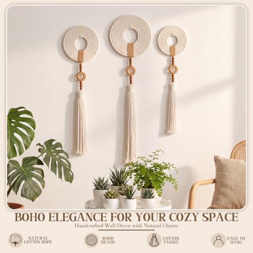 Tegeme 3 pcs Macrame Wall Hanging decor, Woven Tassel, Beige, Wood - size: Wood, style: Woven Tassel