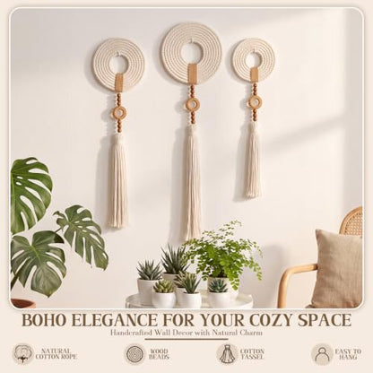 Tegeme 3 pcs Macrame Wall Hanging decor, Woven Tassel, Beige, Wood - size: Wood, style: Woven Tassel