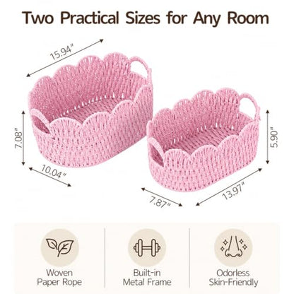 Endymion Set of 2 Paper Rope Scalloped Basket, Wicker Storage Baskets Pink - color: Pink