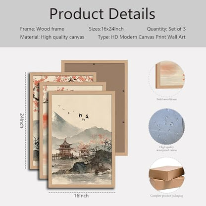 Japanese Sakura Wall Art Set of 3, Mountain Landscape Canvas Prints - color: CherryBlossomMountain, size: 16x24 Inches