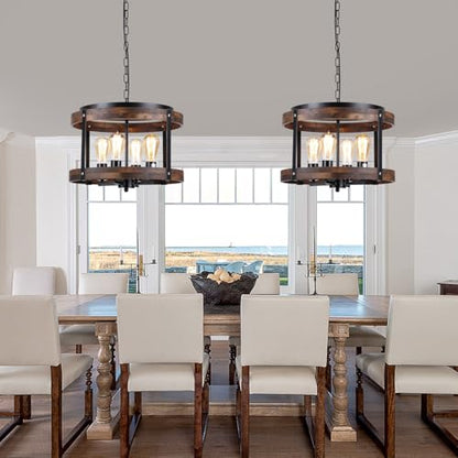 4-Light Large Rustic Farmhouse Wood Pendant Light Fixture with Adjustable Chain, 16.5 inch Oak Wood Drum Chandelier for Dining Room Kitchen Island Farmhouse Living Room Hallway, Black - size: Large pendant light 1 pack