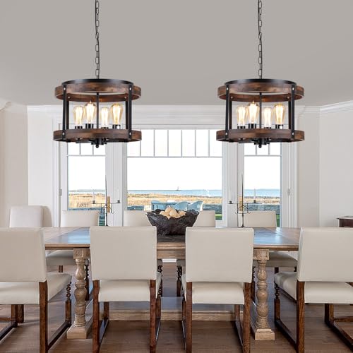 4-Light Large Rustic Farmhouse Wood Pendant Light Fixture with Adjustable Chain, 16.5 inch Oak Wood Drum Chandelier for Dining Room Kitchen Island Farmhouse Living Room Hallway, Black - size: Large pendant light 1 pack